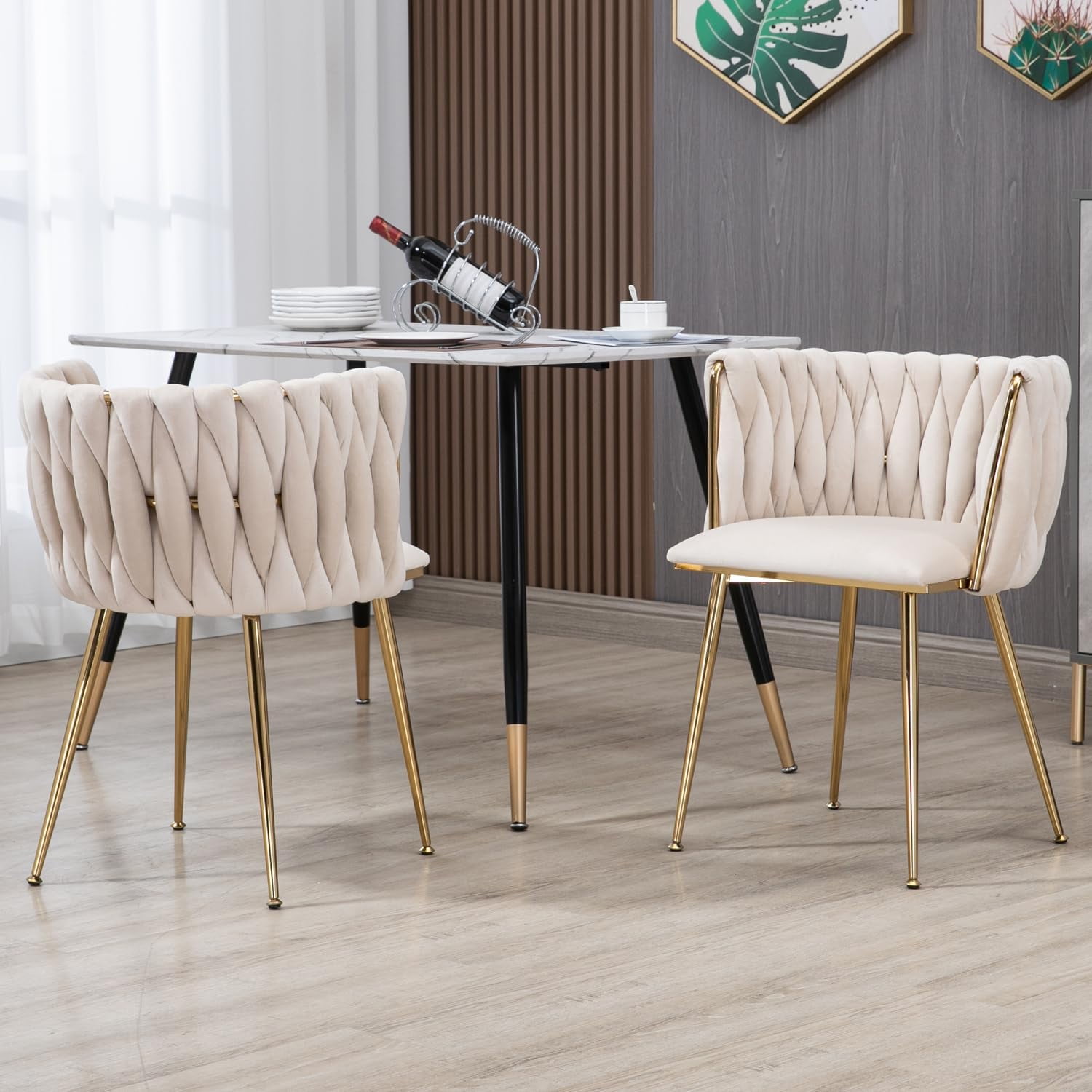 Beige Velvet Dining Chairs with Gold Metal Legs, Set of 2