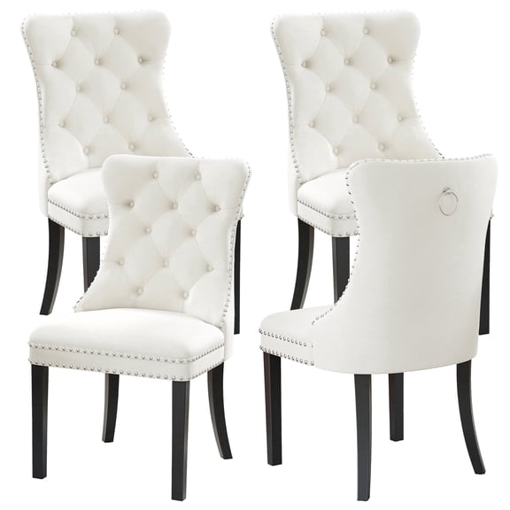 Velvet Dining Chairs Set of 4, Black Wooden Legs, Modern Tufted Velvet Upholstered Backrest with Nailhead Trim, Wing Back with Back Ring Pull, for Dining Room, Living Room, Office