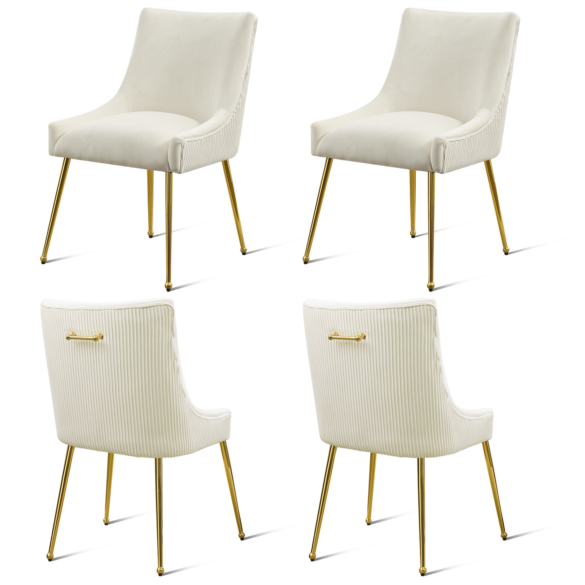 Velvet Dining Chairs Set of 4 with Gold Legs, Upholstered Accent Chairs, Pleated Back & Gold Pull Handle, Mid-Century Modern for Dining Room, Kitchen, Living Room, Beige
