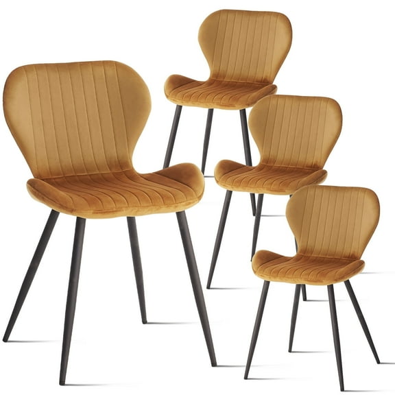Velvet Dining Chairs Set of 4, Mid-Century Modern Dining Room Chairs with Curved Back Yellow, Upholstered Kitchen Chairs