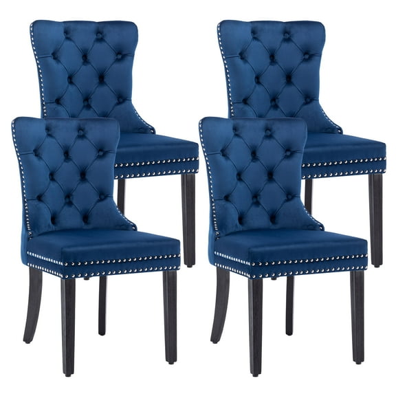 Velvet Dining Chairs Set of 4, Upholstered High-end Tufted Dining Room Chair with Nailhead Back Ring Pull Trim Solid Wood Legs, Contemporary Nikki Collection Modern Style for Kitchen, Blue