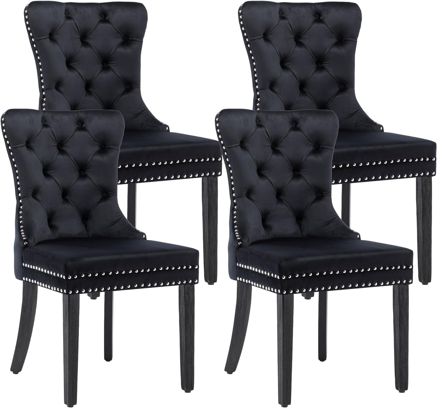 Velvet Dining Chairs Set of 4, Upholstered High-end Tufted Dining Room Chair with Nailhead Back Ring Pull Trim Solid Wood Legs, Nikki Collection Modern Style for Kitchen, Black
