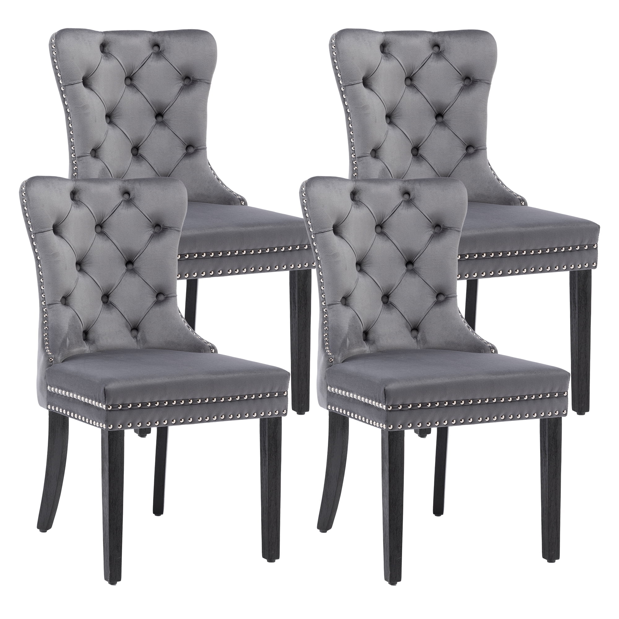 Set of 4 Gray Velvet Upholstered Parsons Dining Chairs with Black Wood Legs