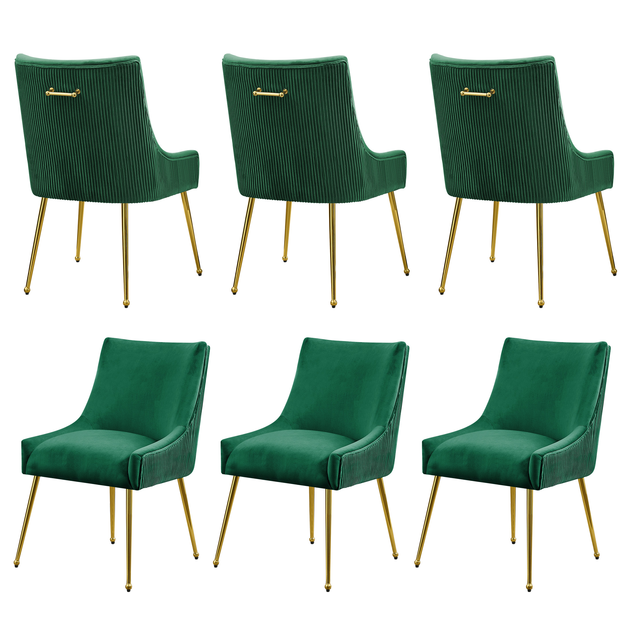 Velvet Dining Chairs Set of 6 with Gold Legs, Upholstered Accent Chairs, Pleated Back & Gold Pull Handle, Mid-Century Modern for Dining Room, Kitchen, Living Room, Green