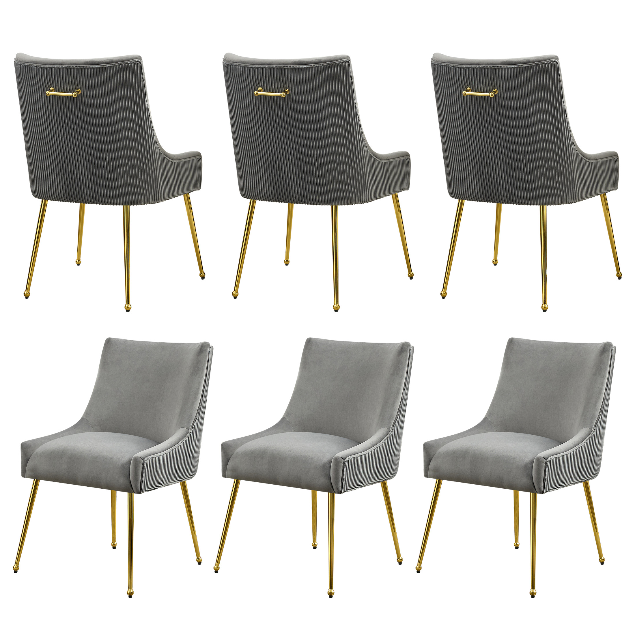 Velvet Dining Chairs Set of 6 with Gold Legs, Upholstered Accent Chairs, Pleated Back & Gold Pull Handle, Mid-Century Modern for Dining Room, Kitchen, Living Room, Light Grey