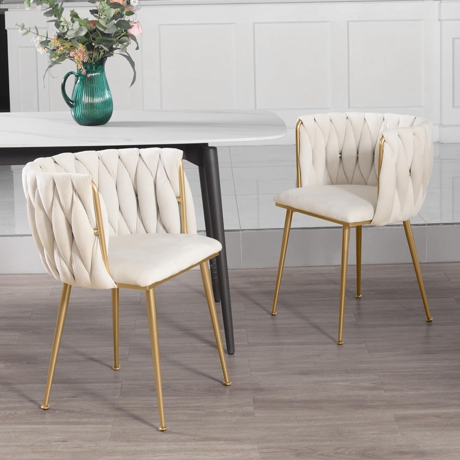 Beige Velvet Dining Chairs with Gold Metal Legs, Set of 2