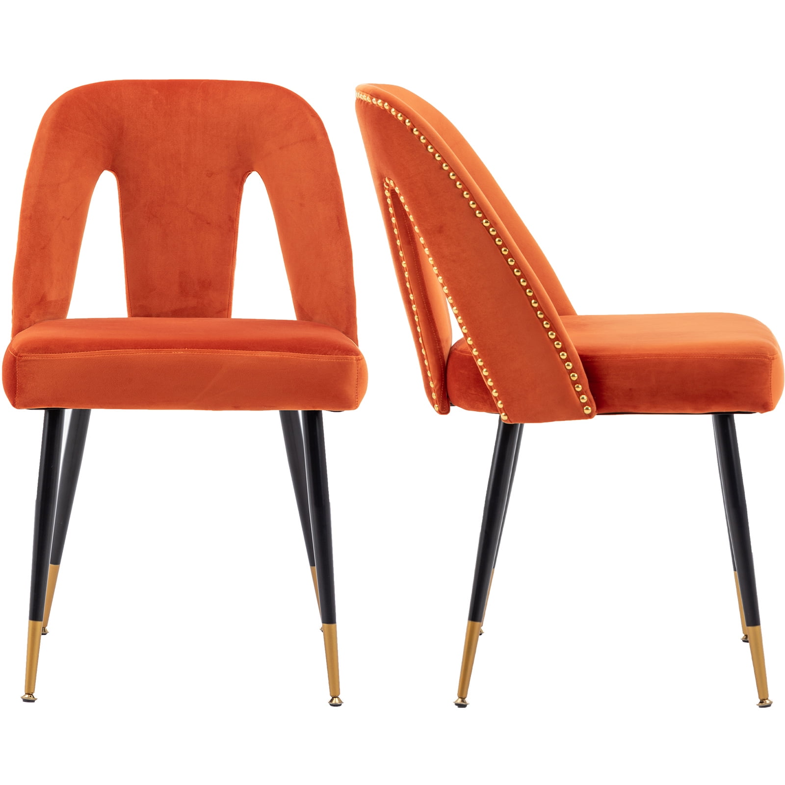 Set of 2 Orange Velvet Upholstered Side Chairs with Metal Legs