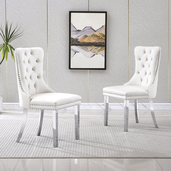 Velvet Dining Chairs Set of 2, Upholstered Tufted Dining Chairs with Stainless Steel Legs & Pull Ring for Dining Room, Living Room(Silver White)