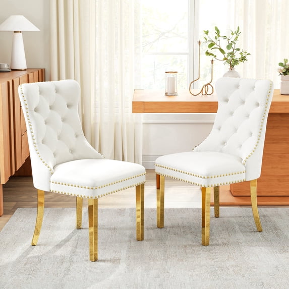 Velvet Dining Chairs Set of 2, Upholstered Tufted Dining Chairs with Stainless Steel Legs & Pull Ring for Dining Room, Living Room(Gold White)