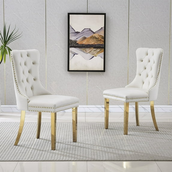 Velvet Dining Chairs Set of 2, Upholstered Tufted Dining Chairs with Stainless Steel Legs & Pull Ring for Dining Room, Living Room(Gold White)