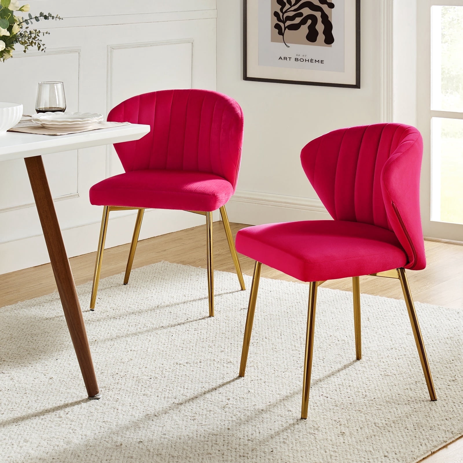 Tina's Home Velvet Dining Chairs Set of 2 Upholstered Wingback Side Chairs Living Room Kitchen Fushia