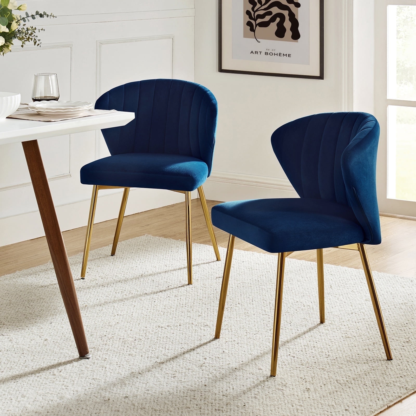 Navy Blue Velvet Upholstered Side Chair with Golden Metal Legs