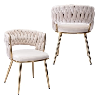 KCC Velvet Woven Back Upholstered Dining Chairs Set of 2 with Gold Metal Legs for Dining Room, Kitchen, Living Room, Beige