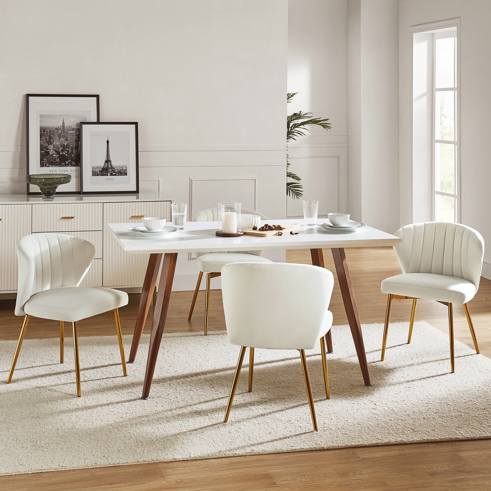 Ivory Velvet Upholstered Wing Back Side Chair Set with Gold Metal Legs