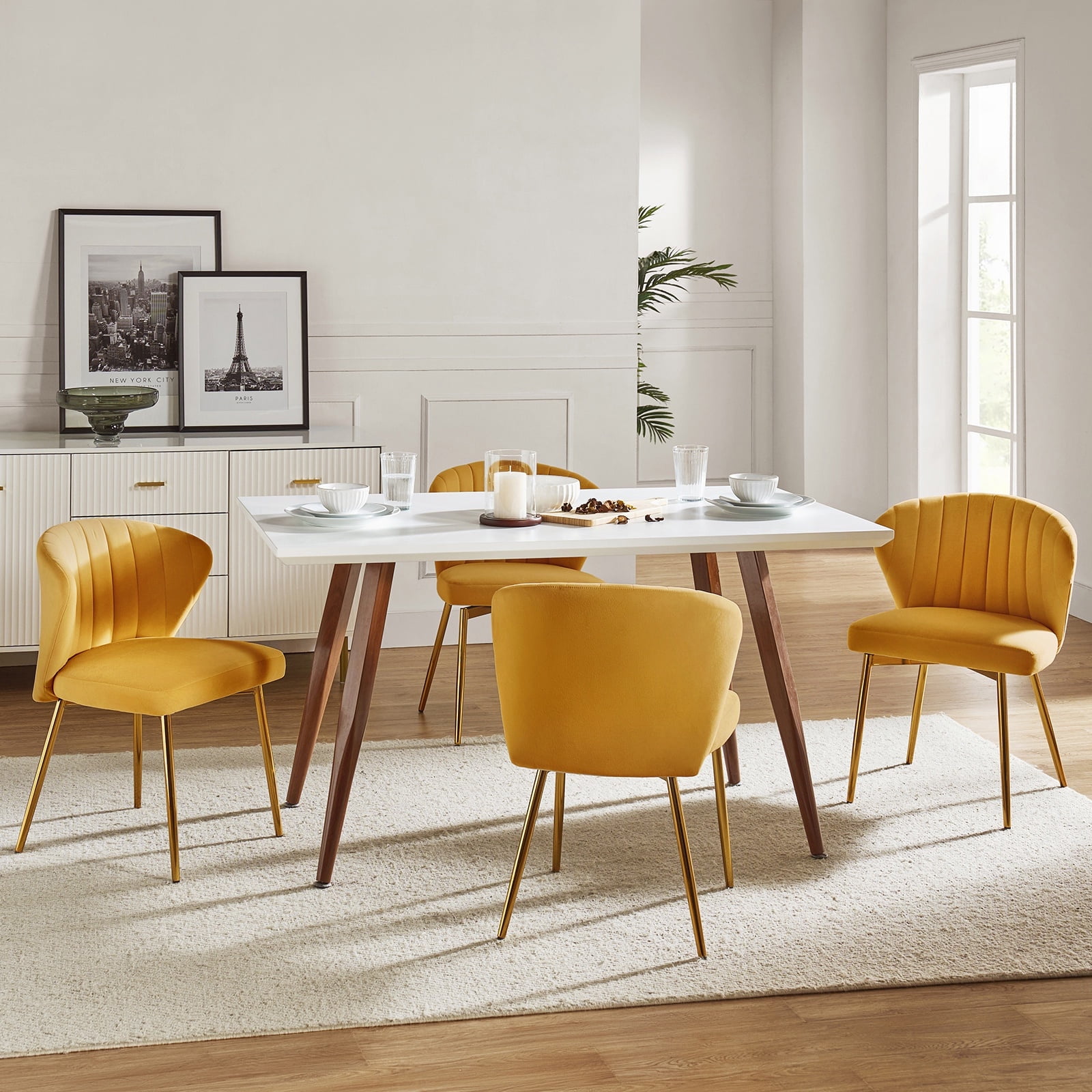 Mustard Velvet Upholstered Wing Back Side Chair Set with Gold Metal Legs