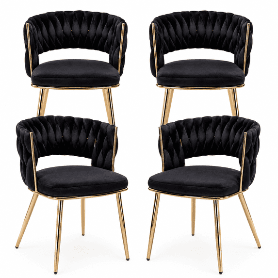 KCC Velvet Dining Chairs Set of 4, Woven Back Upholstered with Gold Metal Legs for Dining Room Kitchen and Living Room,Black