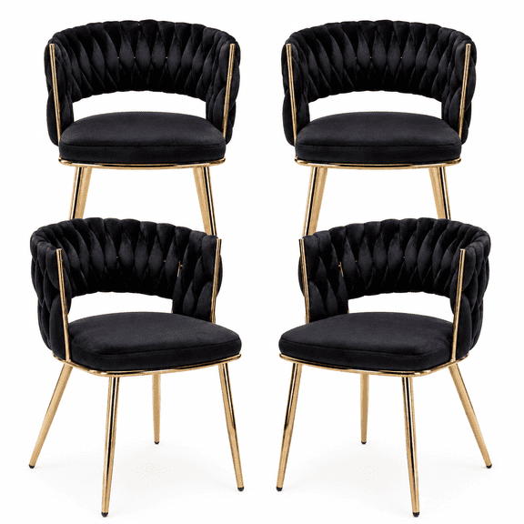 KCC Velvet Dining Chairs Set of 4, Woven Back Upholstered with Gold Metal Legs for Dining Room Kitchen and Living Room,Black