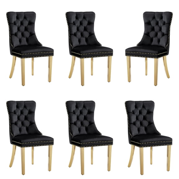 Velvet Dining Chairs Set of 6, Upholstered Tufted Dining Chairs with Stainless Steel Legs & Pull Ring for Dining Room, Living Room
