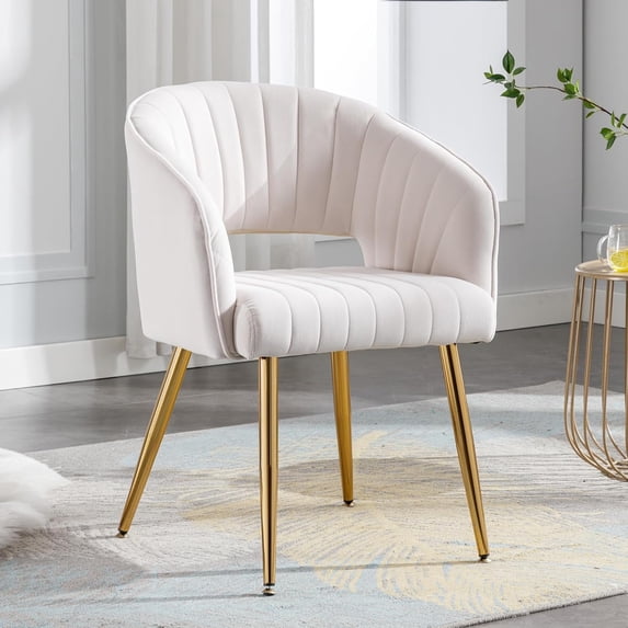 Velvet Dining Room Chairs - Upholstered Gold Chair with Hollow Back, Modern Design, Gold Legs, Accent Armrests - Perfect for Kitchen, Living Room, Reception - White (1PC)