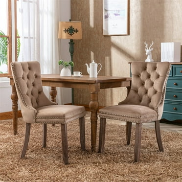 Velvet Dinning Chairs Set of 2, Wingback Accent Chairs with Upholstered, High-end Tufted Solid Wood Contemporary Side Chairs for Dining Room Kitchen Living Room, Khaki