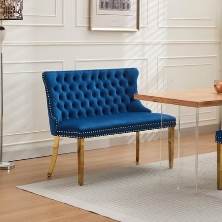 Velvet Double Dining Loveseat Bench, Blue 2-Seat Tufted Kitchen & Dining Chair with Wing Back, Gold-Plated Steel Legs, Mid Century Modern, Single Pack