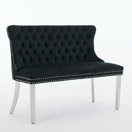 Velvet Double Dining Loveseat Bench, Kitchen & Dining Seating, 2-Seat Tufted Bench w/Handmade Buttons, Wing Back, Brushed Silver Stainless Steel Legs, Mid Century Modern, Single Pack (Black)