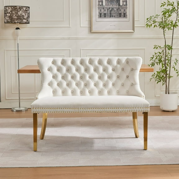 Velvet Double Dining Loveseat Bench, Kitchen & Dining Seating, 2-Seat Tufted Bench w/Handmade Buttons, Wing Back, Gold-Plated Steel Legs, Mid Century Modern,Single Pack (Beige)