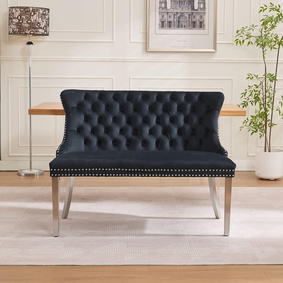 Velvet Double Upholstered Dining  with Wing Back, Small Loveseat Sofa Couch, Tufted Upholstered 2-Seat Design, Silver Stainless Steel Legs, for Dining Room, Kitchen, or Entryway, Black