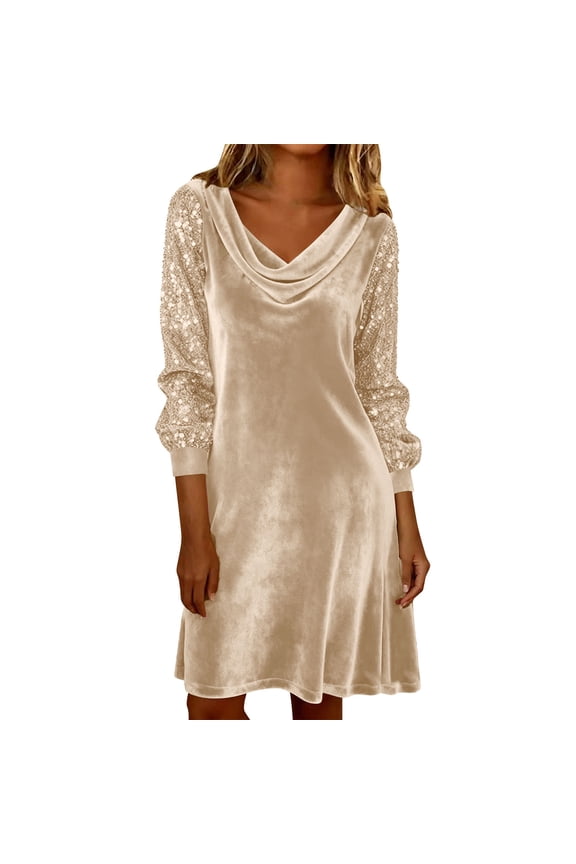 Velvet Dress For Women Sevevn Women's Velvet Cowl Neck Long Sleeve Sequin Sleeve Party Mini Dress Beige XXL