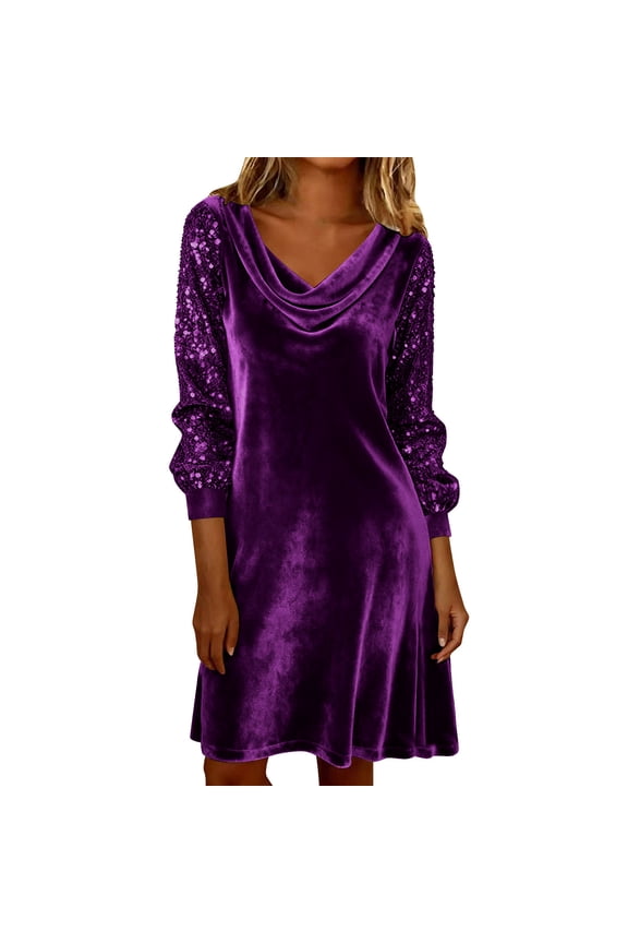 Velvet Dress For Women Sevevn Women's Velvet Cowl Neck Long Sleeve Sequin Sleeve Party Mini Dress Purple M