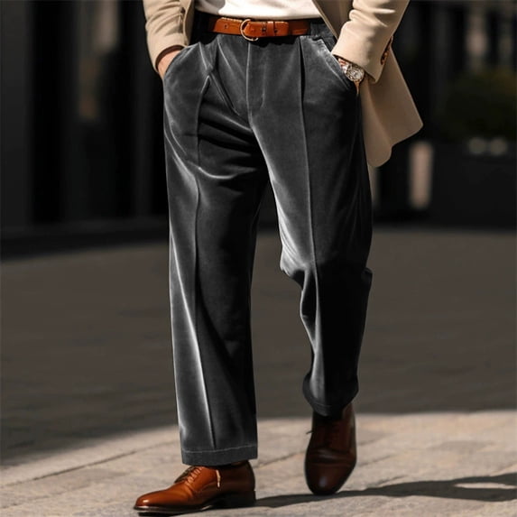 Velvet Dress Pants for Men Slim Fit Straight Leg Trousers Business Casual Suit Bottoms Pleated Formal Workwear