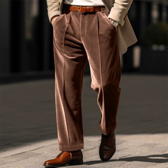 Velvet Dress Pants for Men Slim Fit Straight Leg Trousers Business Casual Suit Bottoms Pleated Formal Workwear