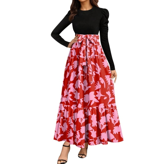 Velvet Dress For Women, 2025 Floral High Waist Tiered Maxi Dress Wedding Guest & Fall Vacation-Boho Tie Front Elegant Dress Winter Womens Plus Size Dresses Cocktail Dress (XXL, Red) ZMTing