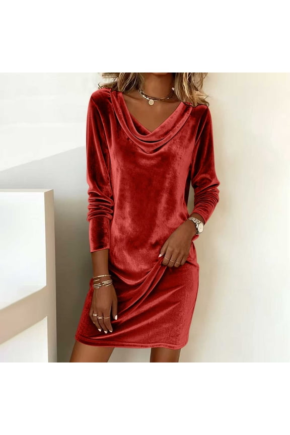 Velvet Dress for Women Cowl Neck Wedding Dress Long Sleeve Ruched Pencil Vintage Cocktail Mini Dresses