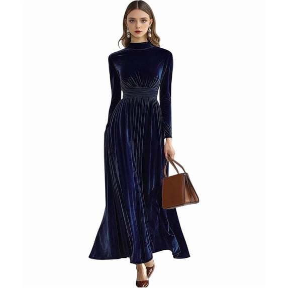 Velvet Dress for Women High Neck Long Sleeve Elegant Flowy Maxi Wedding Party Formal Gown Evening Dress S