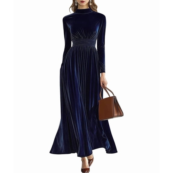Velvet Dress for Women High Neck Long Sleeve Elegant Flowy Maxi Wedding Party Formal Gown Evening Dress XL