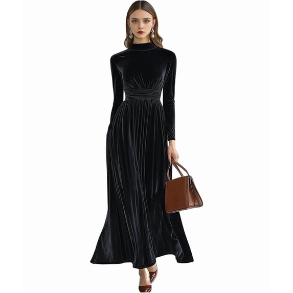 Velvet Dress for Women High Neck Long Sleeve Elegant Flowy Maxi Wedding Party Formal Gown Evening Dress