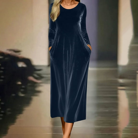 Velvet Dress for Women, Winter Long Sleeve Round Neck Velvet Maxi Dress with Pockets, Elegant Stretch Velvet Dress