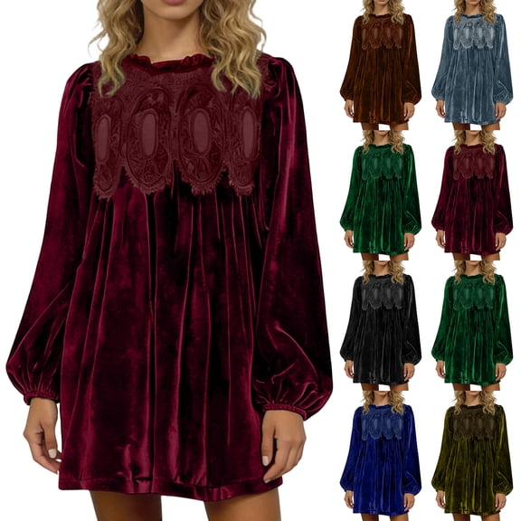 Velvet Dress for Women - Womens A-Line Velvet Lace Overall Pleated Swing Casual Skirtall Scallop Neck Flared Wedding Mini Dress Army Green Size:L