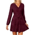 thumbnail image 1 of Velvet Dress for Women with Belt Elegant Casual V Neck Long Sleeve Ruffle Tiered Party Short Mini Dresses (2XL, Wine), 1 of 7
