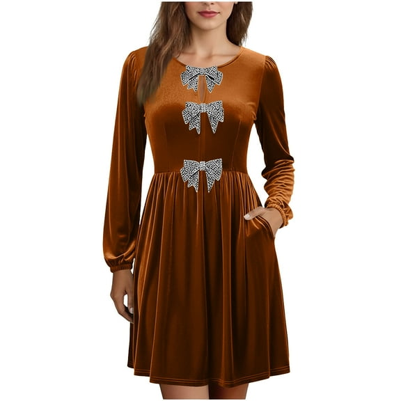 Velvet Dresses for Women Oversized Crewneck Elegant Velvet Diamond Bow A Line Cocktail Party Evening Midi Dresses Womens Casual Solid Round Neck Loose Long Sleeve Pleated Knee Length Dress