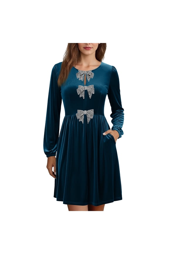 Velvet Dresses for Women Oversized Crewneck Elegant Velvet Diamond Bow A Line Cocktail Party Evening Midi Dresses Womens Casual Solid Round Neck Loose Long Sleeve Pleated Knee Length Dress