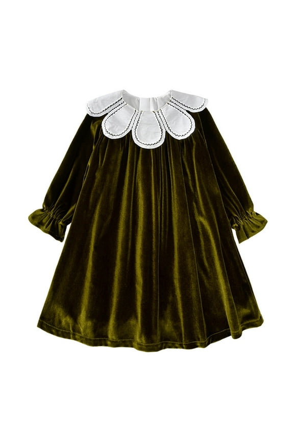 Velvet-Dresses for Girls 2025 Size 1-9 Toddlers Kids Trendy Long Sleeve Floral Doll-Collar Solid Color Soft A-Line Midi Dress