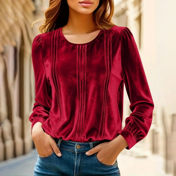 Velvet Dressy Tops Womens Crewneck Long Sleeve Pleated Elegant Casual Shirts Fall Party Solid Color Blouses (XL, Red)