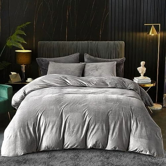 Velvet Duvet Cover Queen Set - Smoky Gray Velvet Comforter Cover 3Pcs Ultra Soft Duvet Breathable Solid Luxury Flannel Velour Zipper Closure Corner Tie