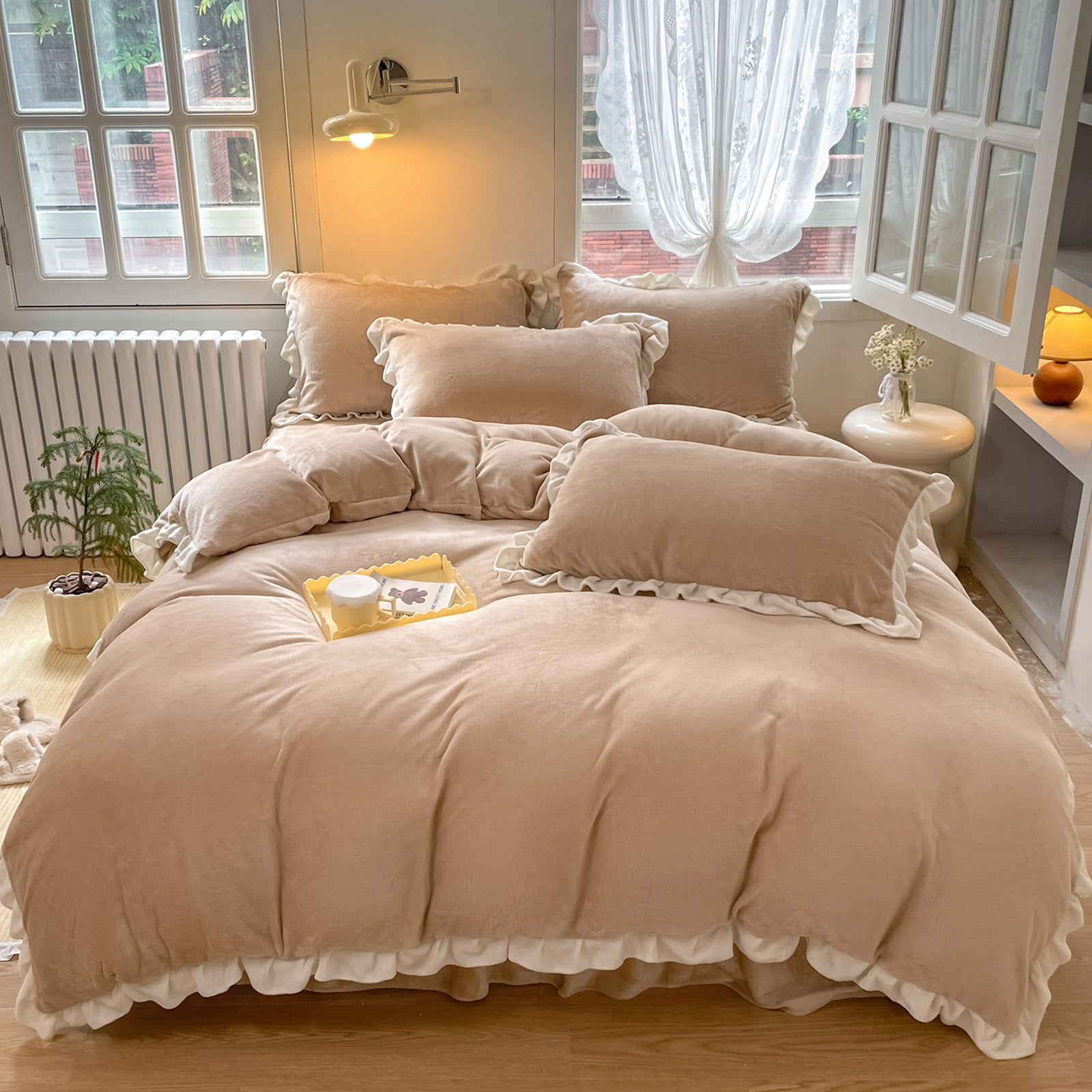 Velvet Duvet Cover, Twin Size Luxury Ultra Soft Fluffy Duvet Cover Set, Winter Crystal Velvet Duvet Covers with 1 Plillowcase, Light Brown, 68''x90''
