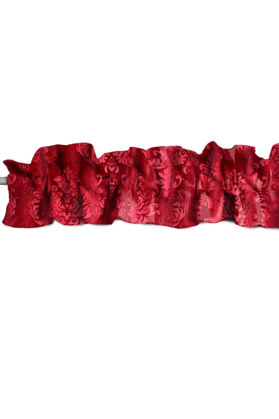 Velvet Embossed Damask Curtain Sleeve Topper Window Treatment with Bottom and Top Ruffle