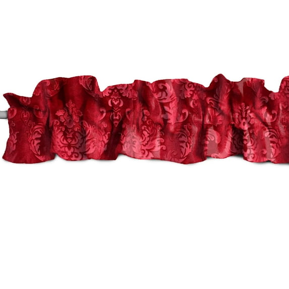 Velvet Embossed Damask Curtain Sleeve Topper Window Treatment with Bottom and Top Ruffle