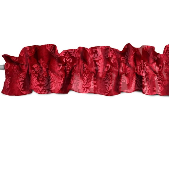 Velvet Embossed Damask Curtain Sleeve Topper Window Treatment with Bottom and Top Ruffle