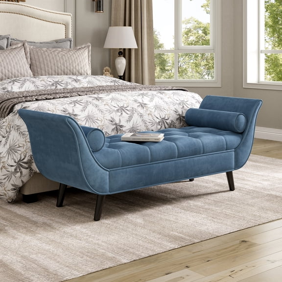 Velvet End of Bed Bench with 2 Pillows, Upholstered Button Tufted Ottoman, Footstool with Rolled Arms & Wood Legs, for Entryway, Living Room, Dining Room, Blue